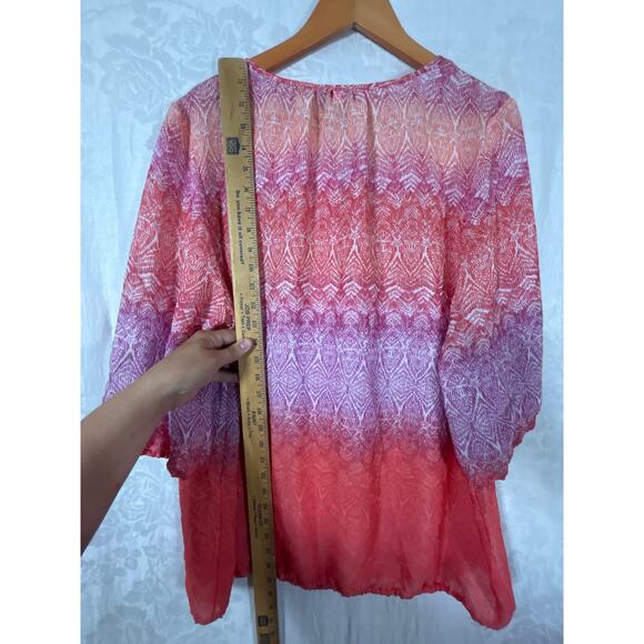 Catherines Blouse 0X 14 16 Pink Orange Abstract Print Flowy Sheer Button Popover - Picture 8 of 8